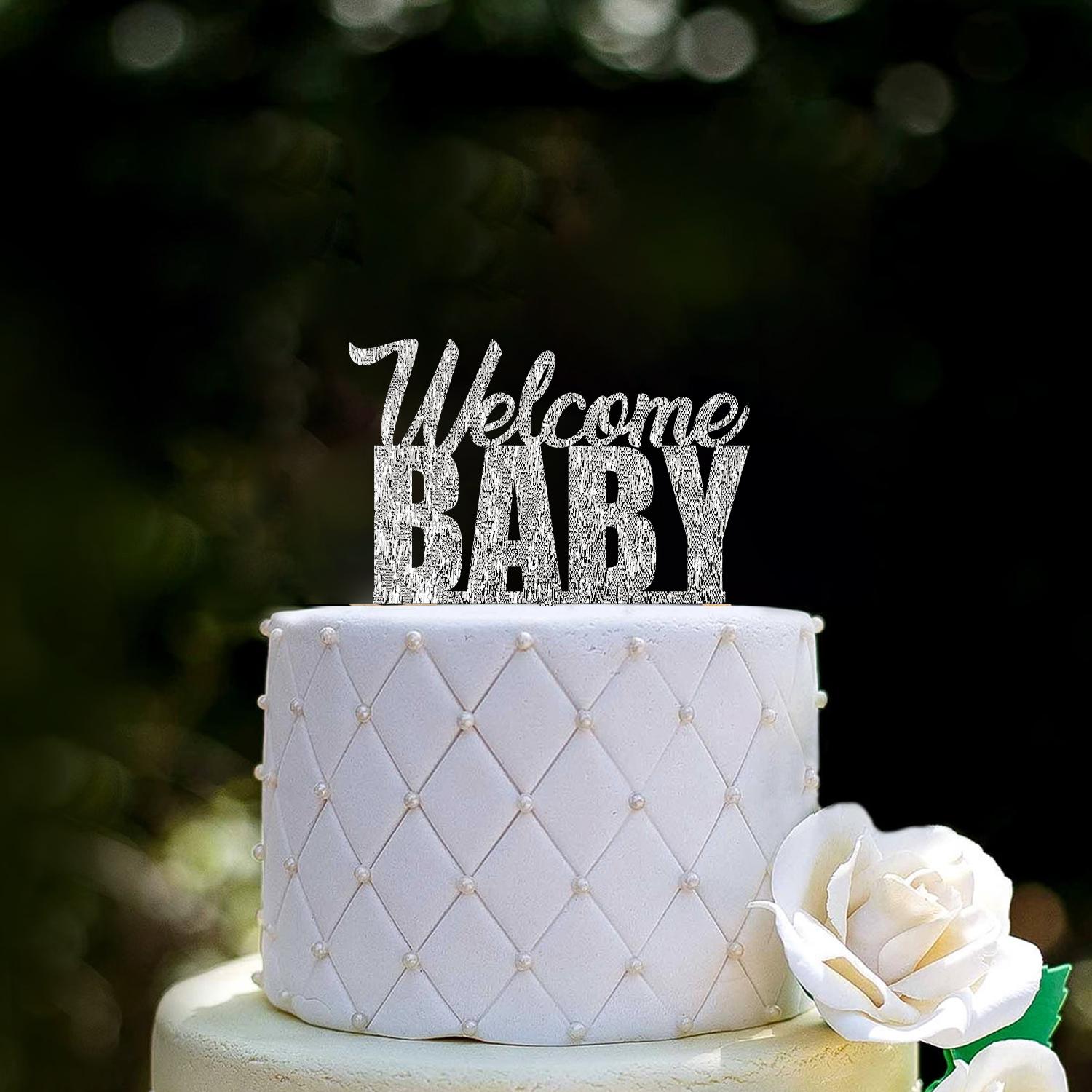 SILVER GLITTER BABY SHOWER TOPPER WELCOME BABY
