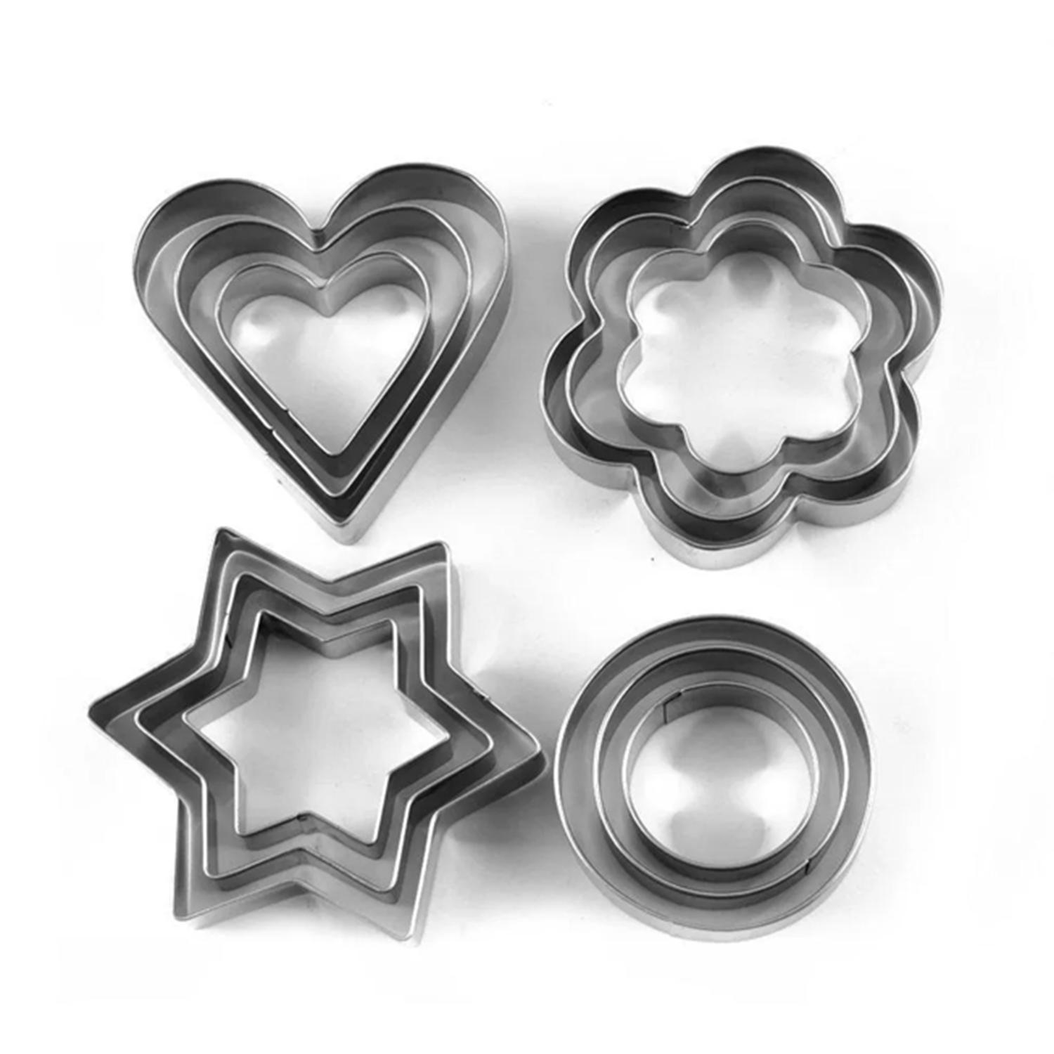 12 PCS COOKIE CUTTER SET ROUND, STAR, FLOWER AND HEART SHAPES