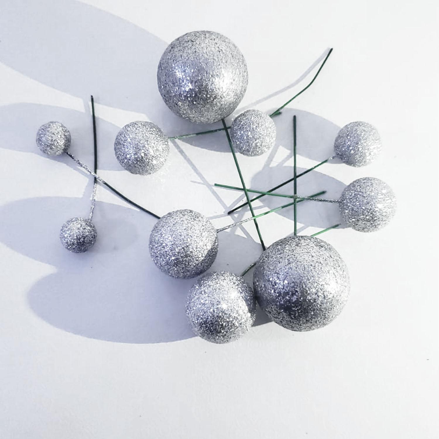 10PC GLITTER SILVER SPHERE CAKE TOPPER