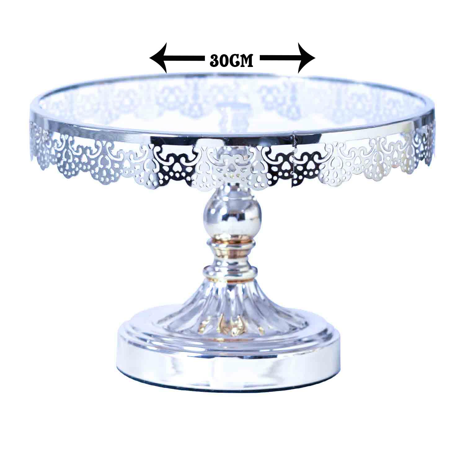 1PC SILVER CLEAR GLASS TOP CAKE STAND DIAMETER 30CM