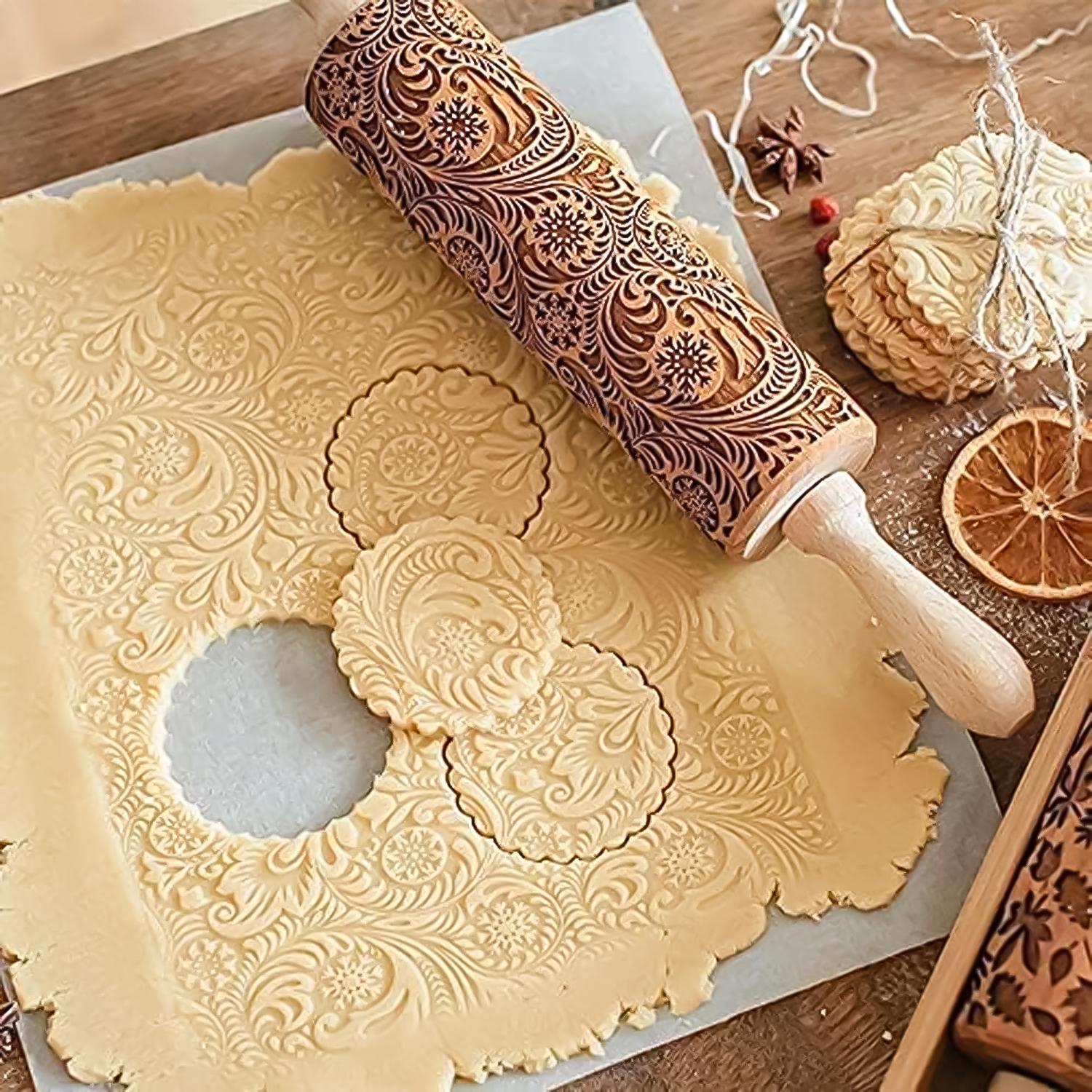 FLOWER EMBOSSED WOODEN ROLLING PIN