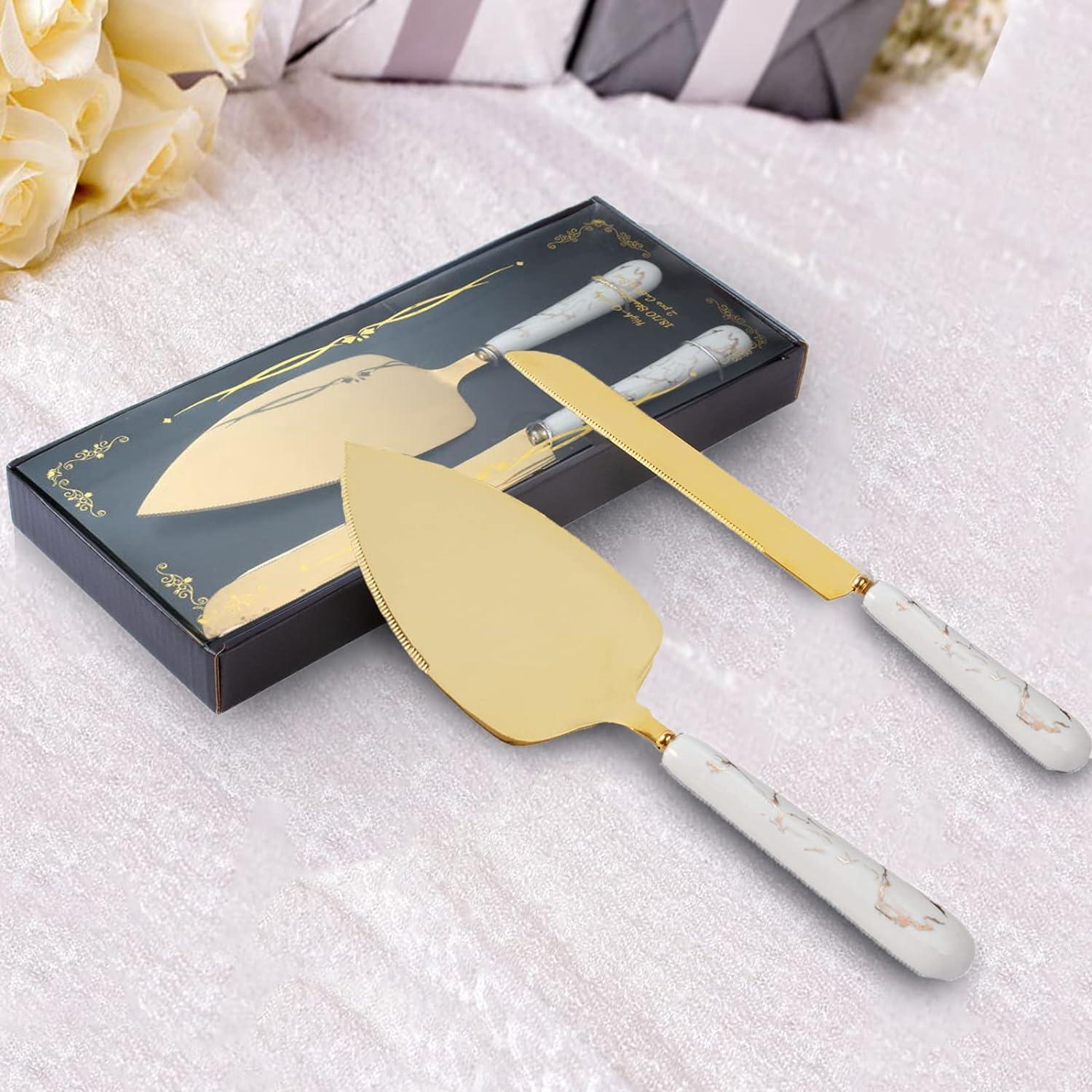 GOLD WEDDING KNIFE SERVER SET WHITE HANDLE