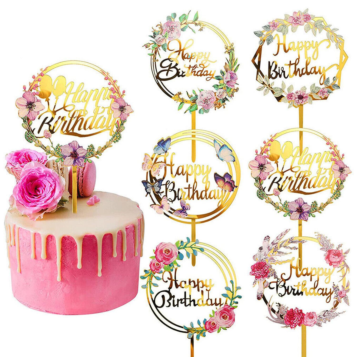 HAPPY BIRTHDAY FLOWERED MIRROR GOLD TOPPER