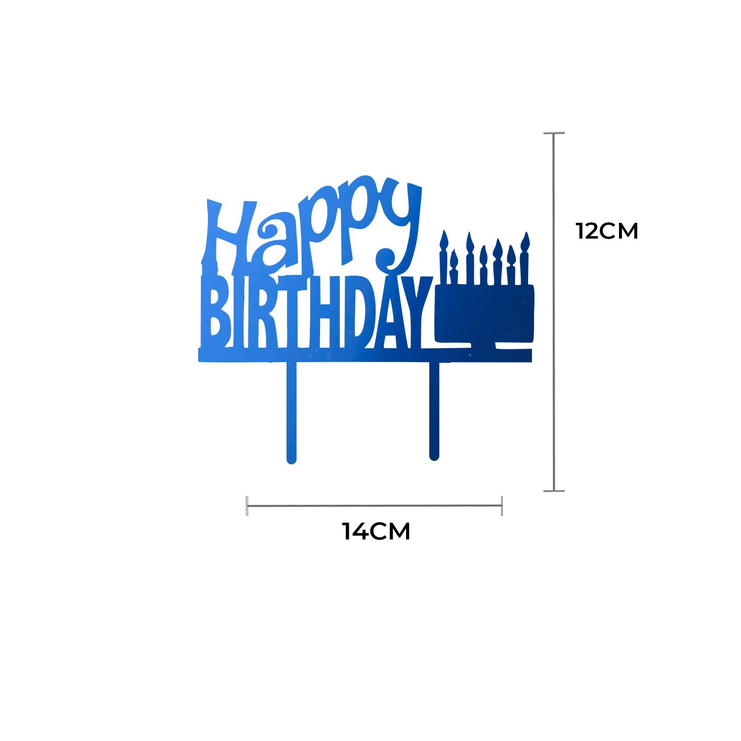 MIRROR BLUE ACRYLIC HAPPY BIRTHDAY TOPPER WITH CAKE AND CANDLES