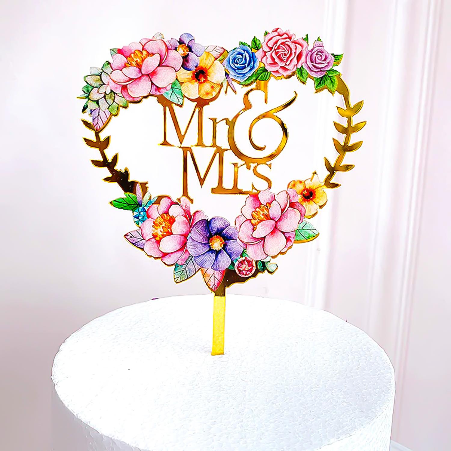 MR AND MRS FLOWERED ACRYLIC TOPPER