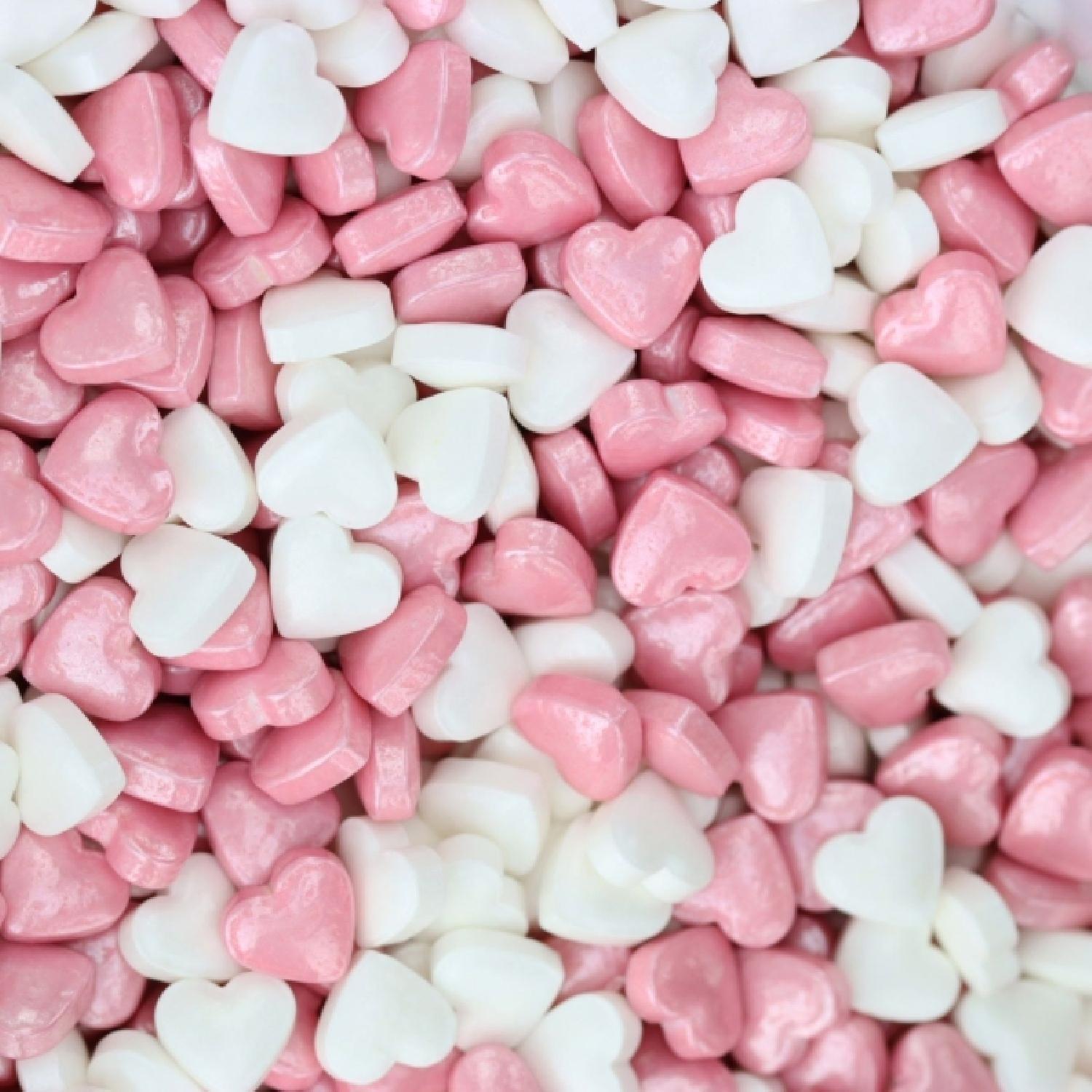 PINK AND WHITE HEART SHAPE SUGAR PEARLS 4MM 15GMS