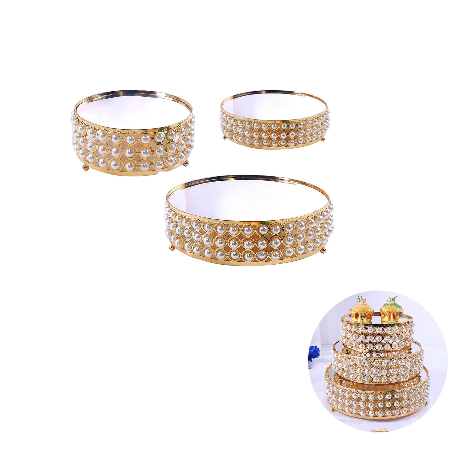 SET OF 3 GOLD ROUND PEARLS CAKE STAND