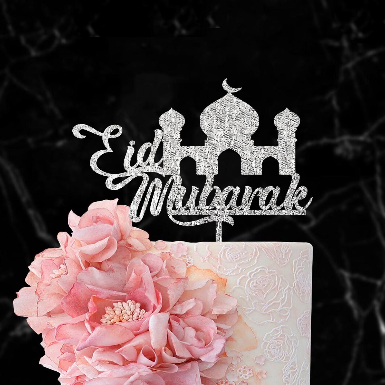 SILVER GLITTER EID MUBARAK TOPPER NO 01