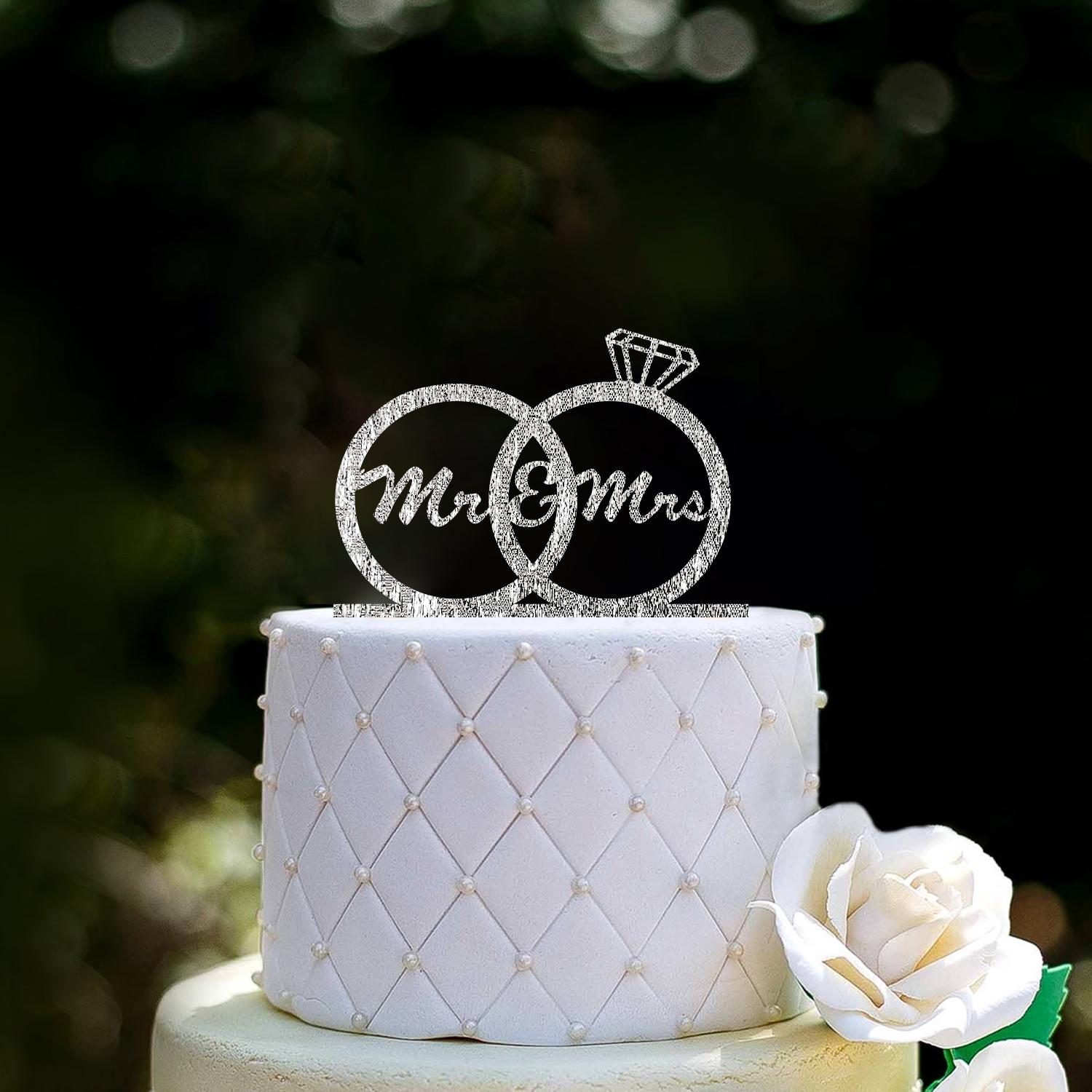 SILVER GLITTER MR & MRS TOPPER WITH RING DETAIL