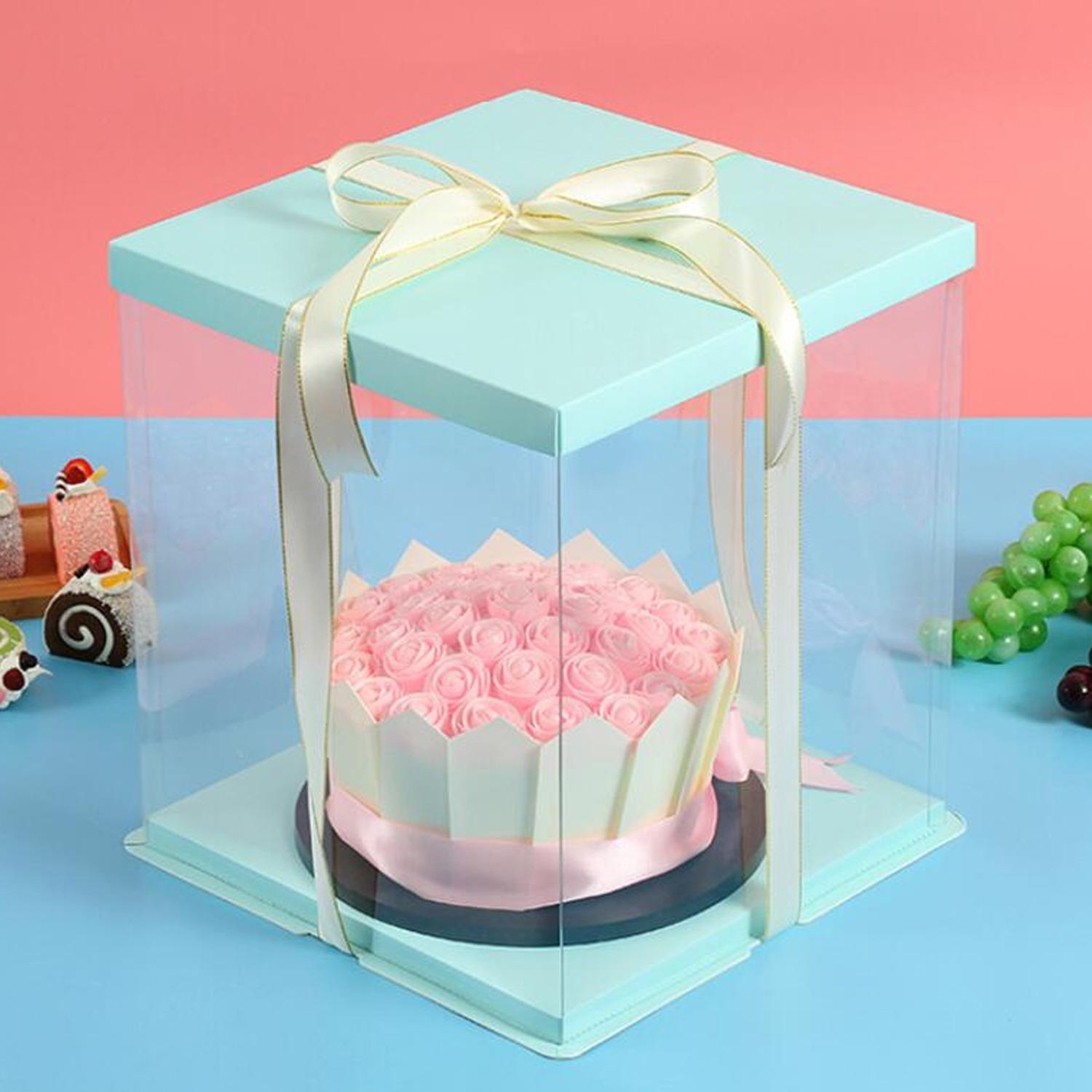 SQUARE TRANSPARENT PVC CAKE BOX BLUE LID 35.6*35.6*38CM