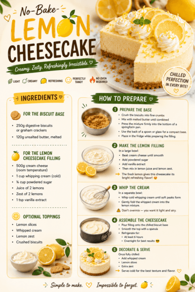 🍋 No-Bake Lemon Cheesecake Recipe: Creamy, Refreshing & Impossible to Resist 😍✨