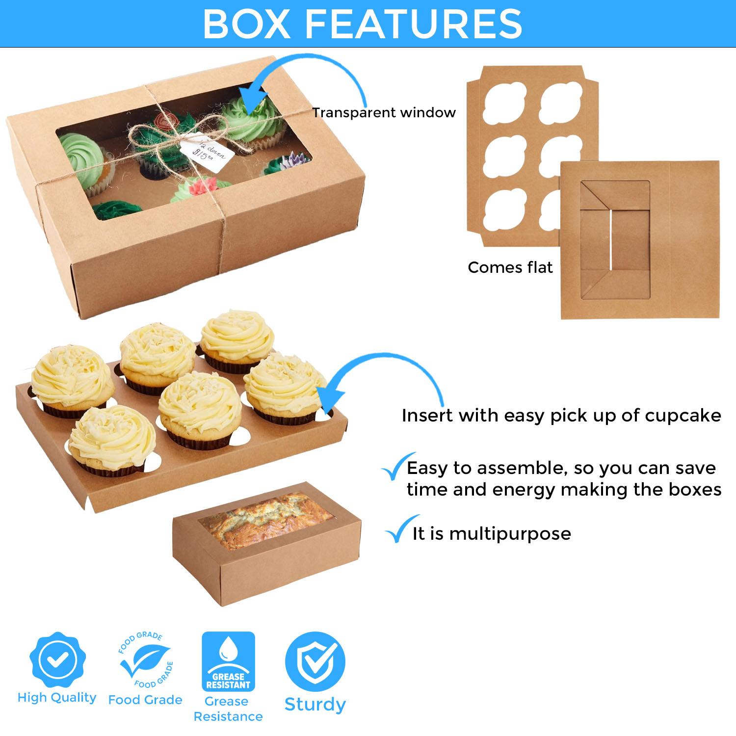 WHITE WITH BROWN MUFFIN 10.5 X 7 X 3.5 INCH CAKE BOX WITH WINDOW AND 6 HOLE DIVIDERS