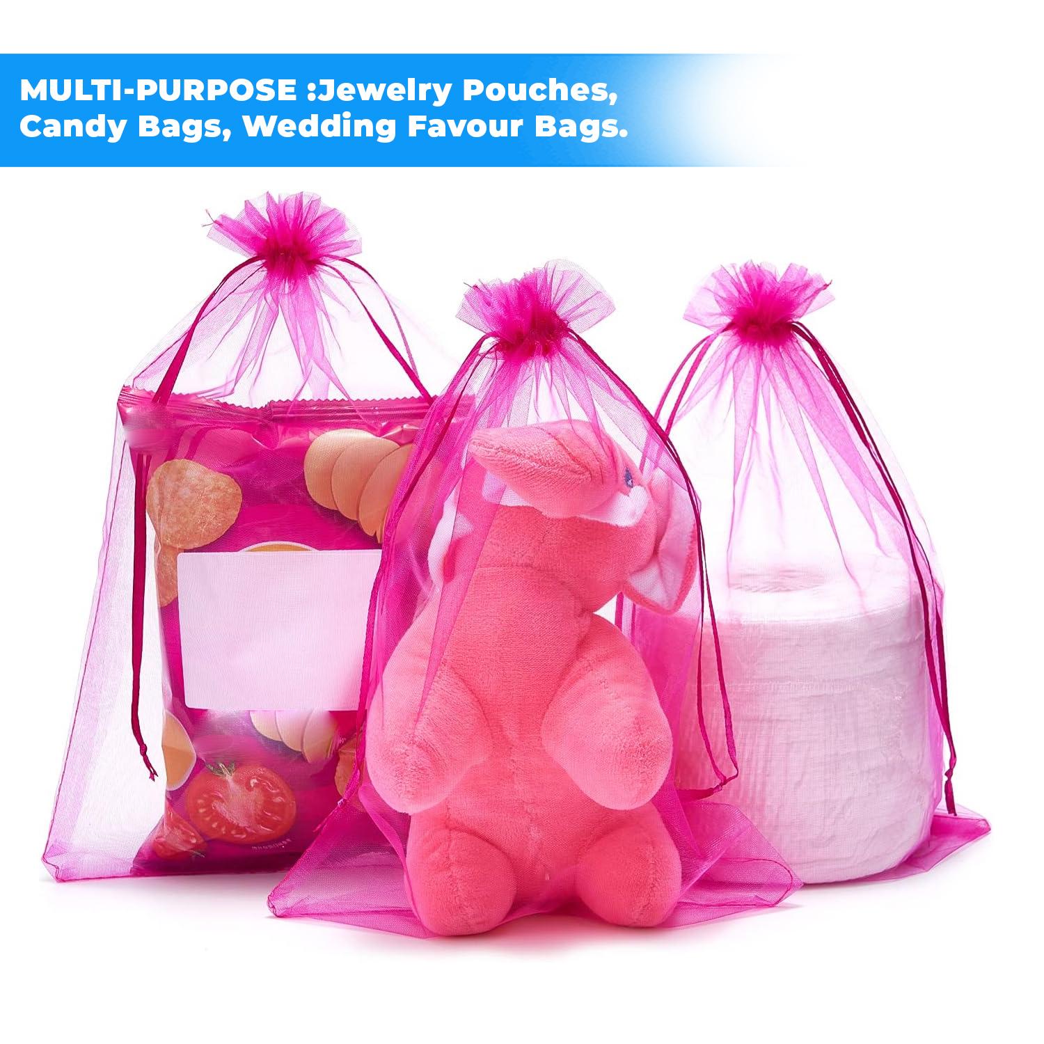 12 X 9 CM ORGANZA BAGS CLOTH ELECTRIC PINK DRAWSTRING FAVOUR POUCHES PRECUT FREE PACK NETS