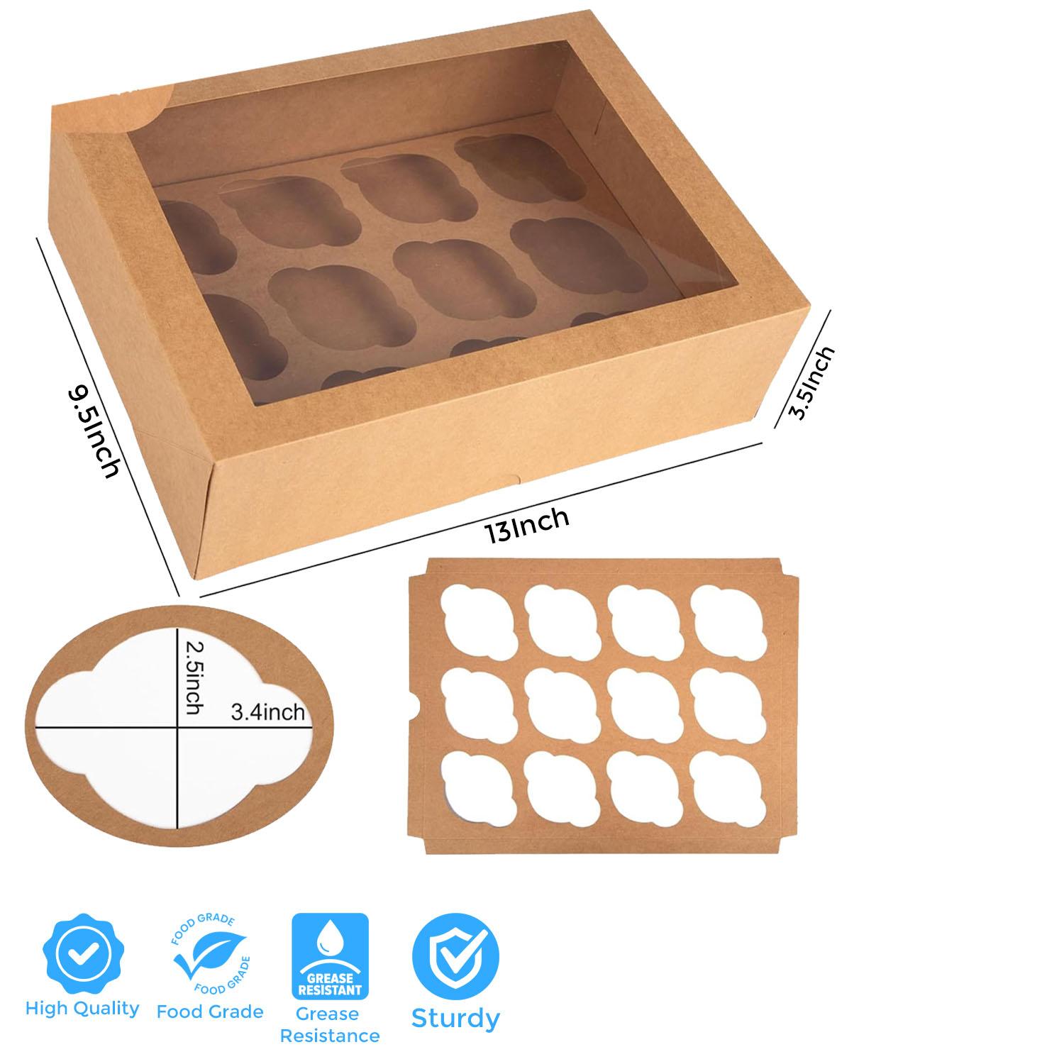 WHITE WITH BROWN MUFFIN 13 X 9.5 X 3.5 INCH CAKE BOX WITH WINDOW AND 12 HOLE DIVIDERS