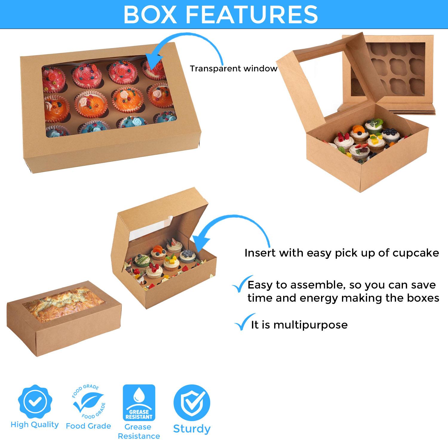 WHITE WITH BROWN MUFFIN 13 X 9.5 X 3.5 INCH CAKE BOX WITH WINDOW AND 12 HOLE DIVIDERS