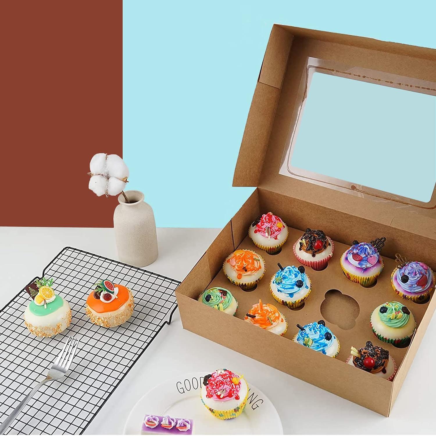 WHITE WITH BROWN MUFFIN 13 X 9.5 X 3.5 INCH CAKE BOX WITH WINDOW AND 12 HOLE DIVIDERS
