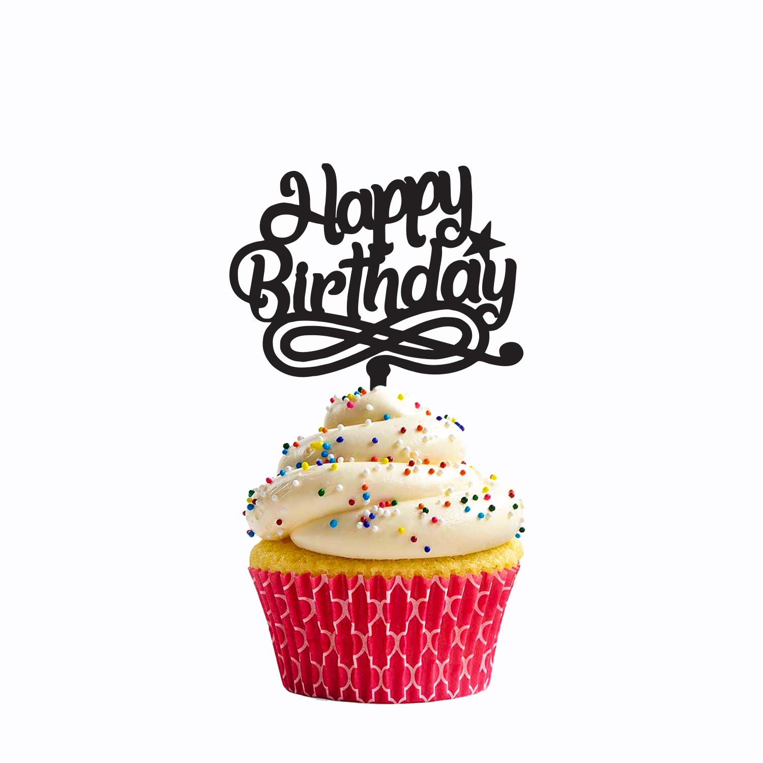 BLACK ACRYLIC CUPCAKE HAPPY BIRTHDAY TOPPER 9CM X 7CM BIRHTDAY SIGN