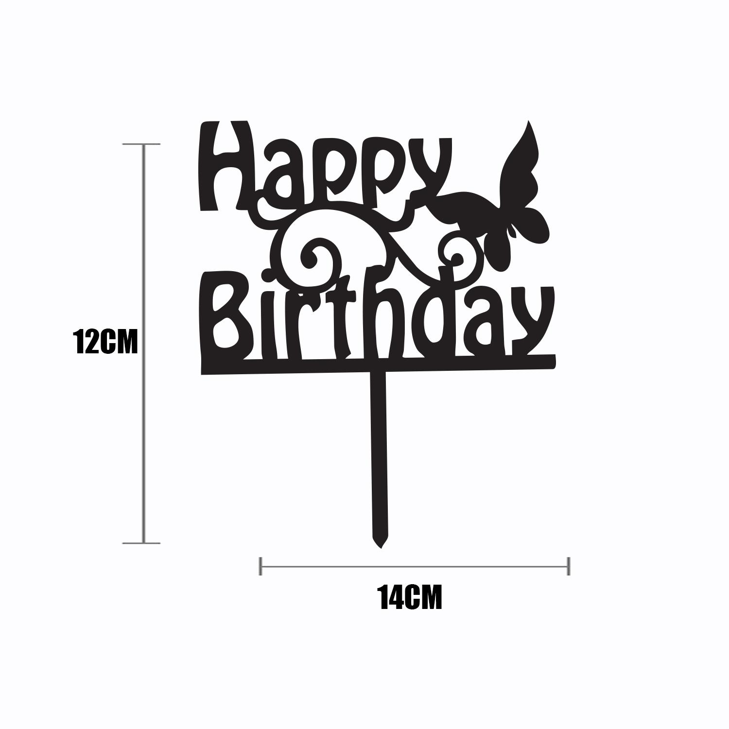 BLACK ACRYLIC HAPPY BIRTHDAY TOPPER WITH BUTTERFLY BIRTHDAY SIGN