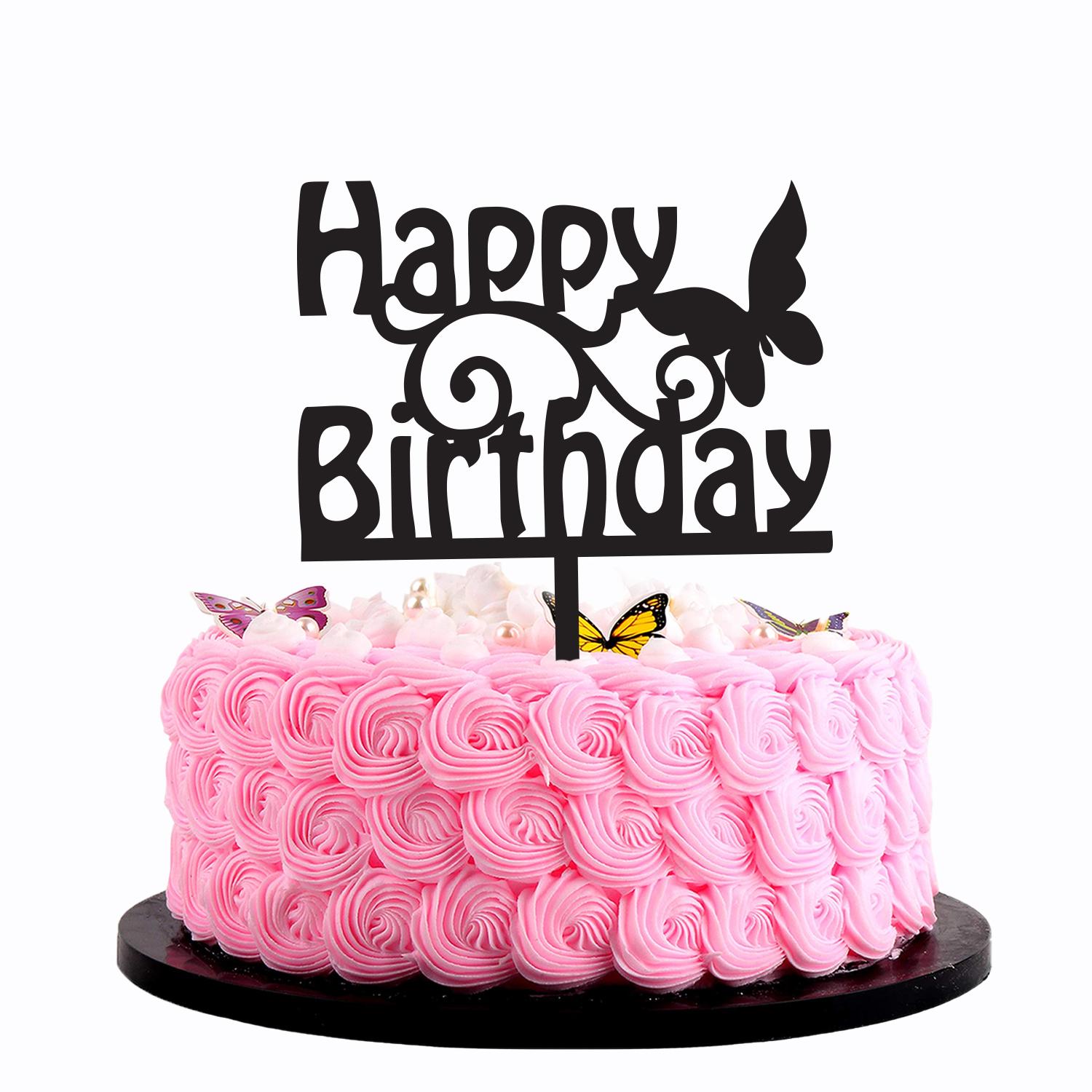 BLACK ACRYLIC HAPPY BIRTHDAY TOPPER WITH BUTTERFLY BIRTHDAY SIGN
