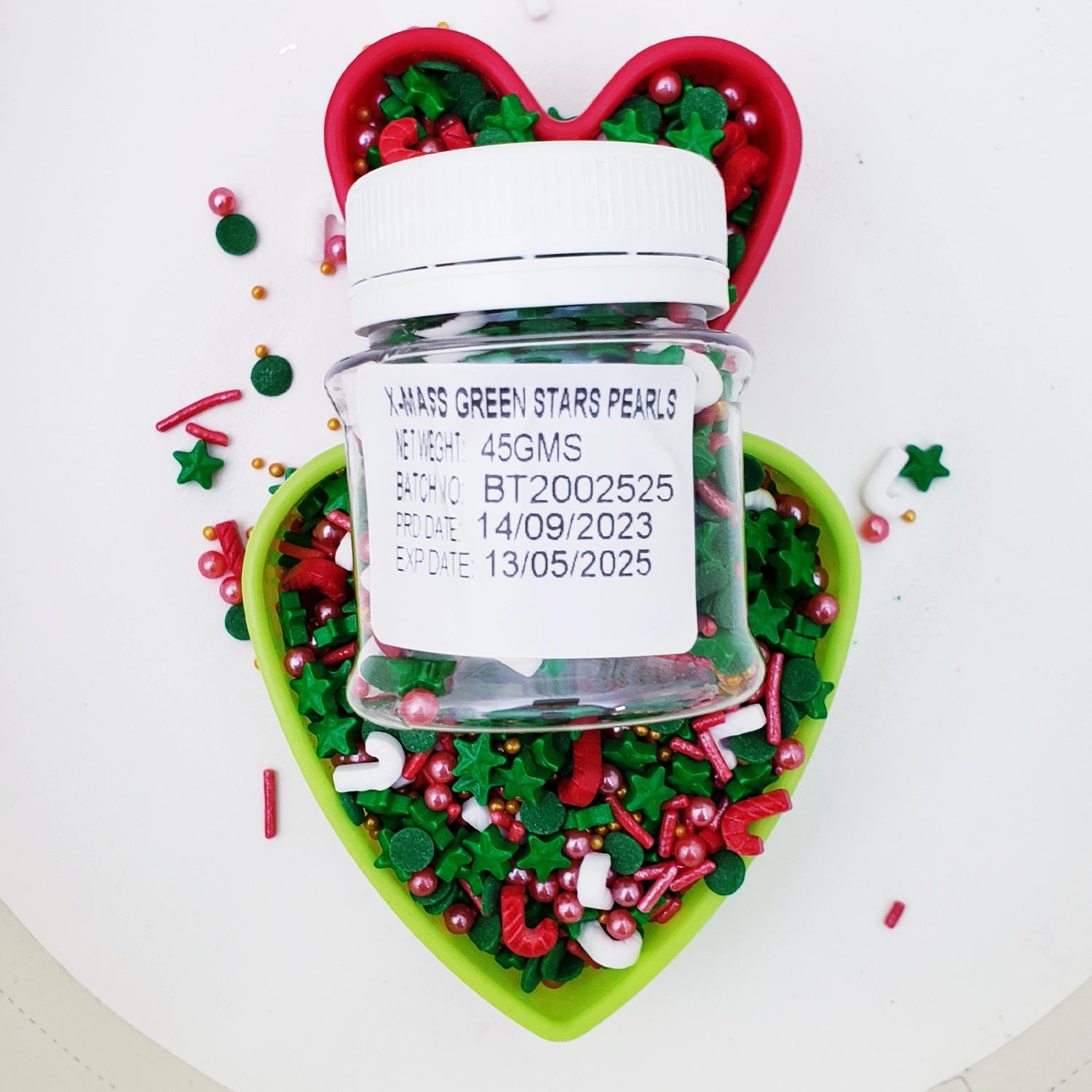 CHRISTMAS GREEN STARS PEARL MIX SPRINKLES, MULTICOLOURED SPRINKLES 45GMS