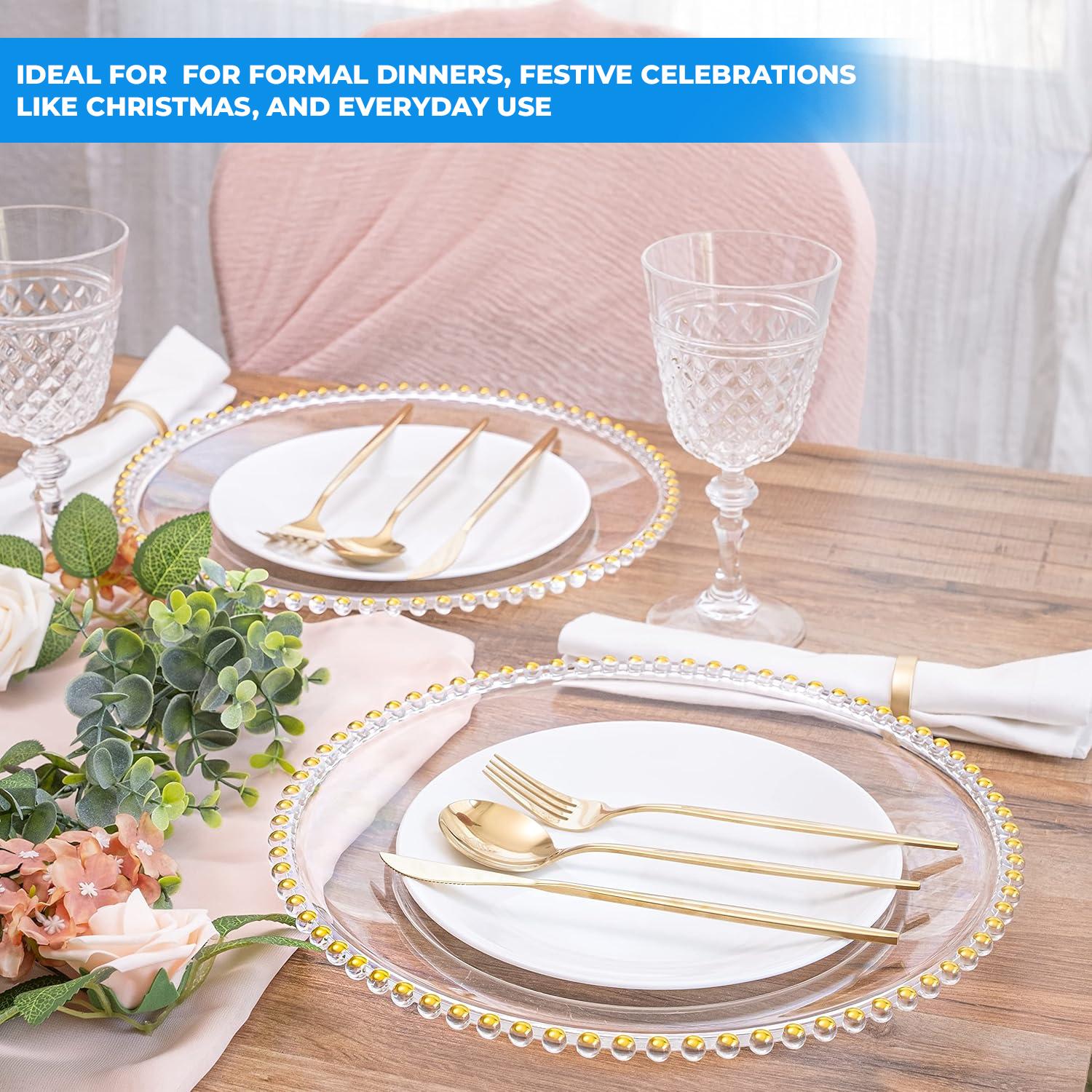 CLEAR WITH GOLD BEADED TRIM CHARGER PLATE 33CM