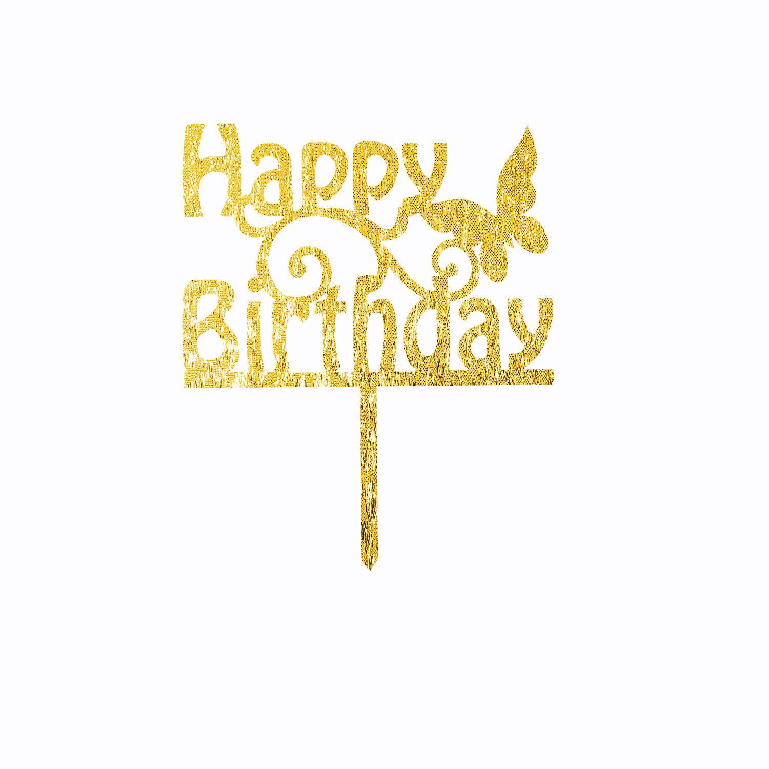 GOLD GLITTER ACRYLIC HAPPY BIRTHDAY TOPPER WITH BUTTERFLY BIRTHDAY SIGN