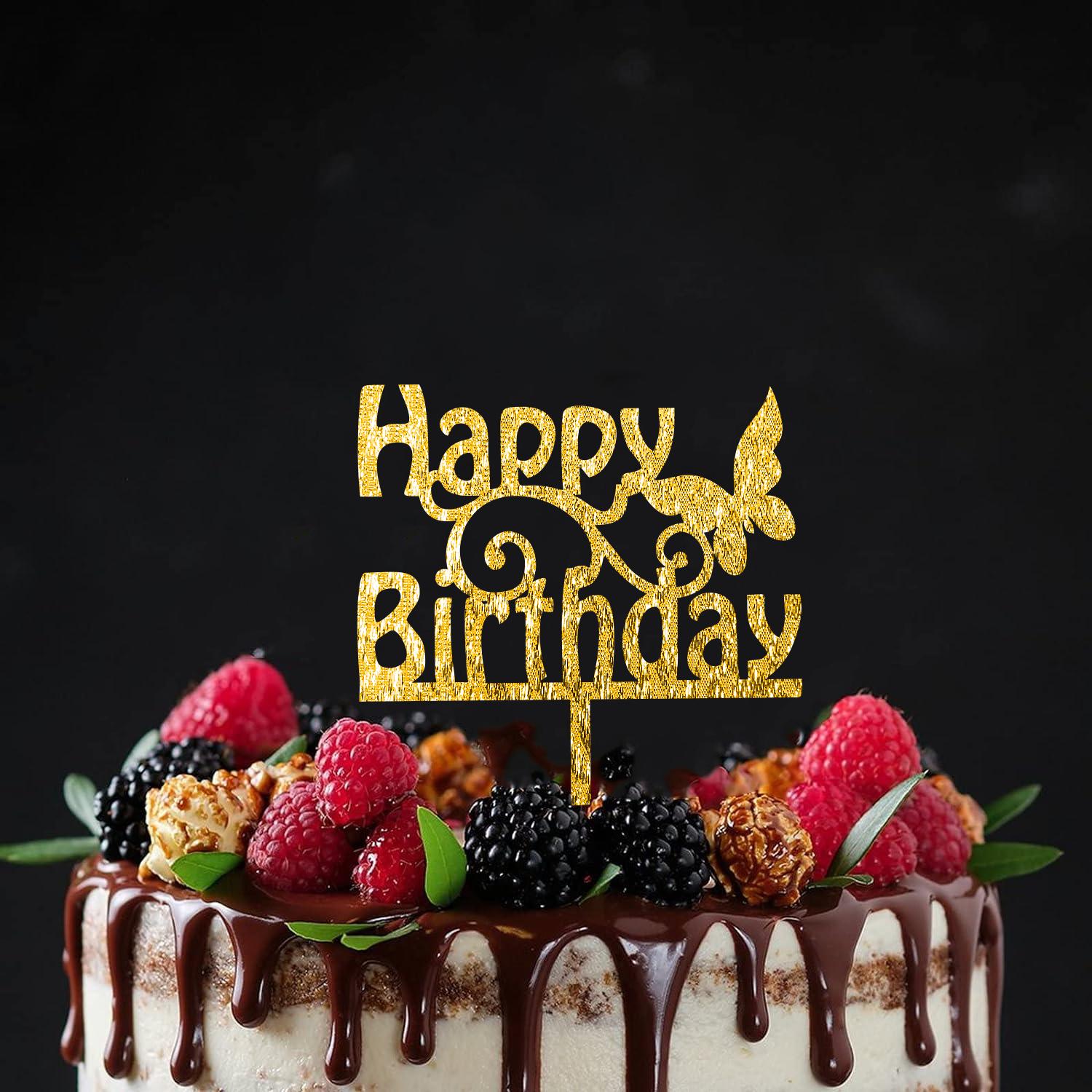 GOLD GLITTER ACRYLIC HAPPY BIRTHDAY TOPPER WITH BUTTERFLY BIRTHDAY SIGN