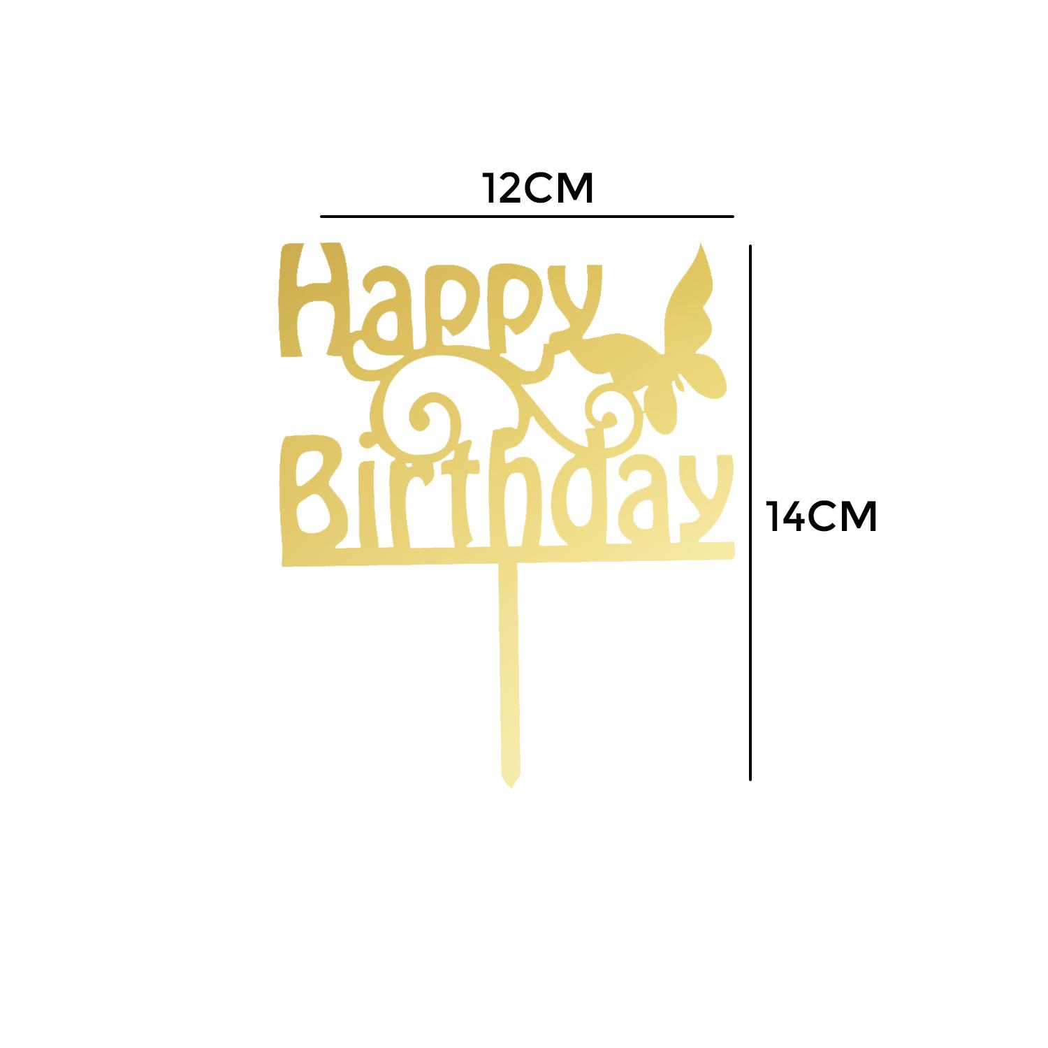GOLD MIRROR ACRYLIC HAPPY BIRTHDAY TOPPER WITH BUTTERFLY BIRTHDAY SIGN