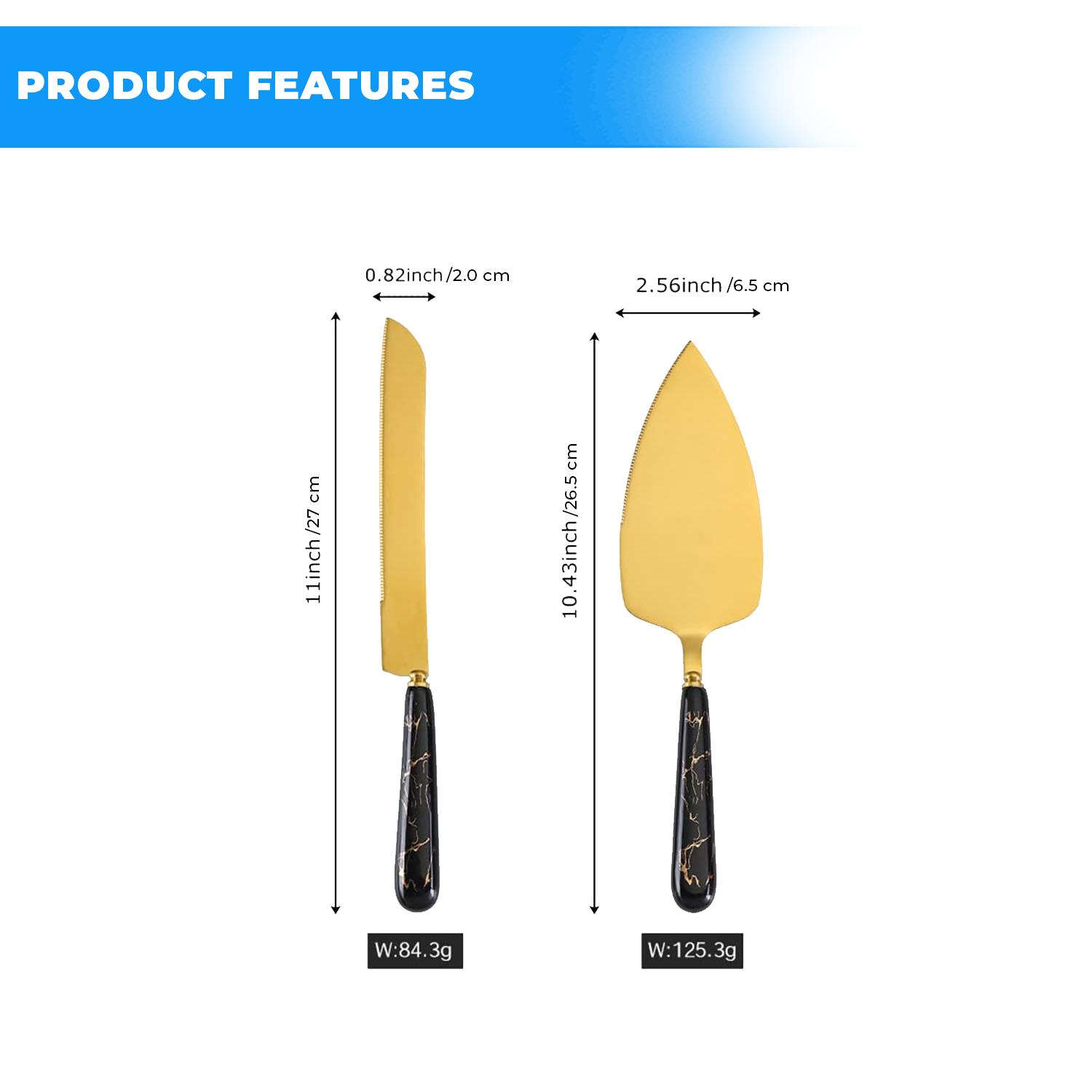 GOLD WEDDING KNIFE SERVER SET BLACK HANDLE