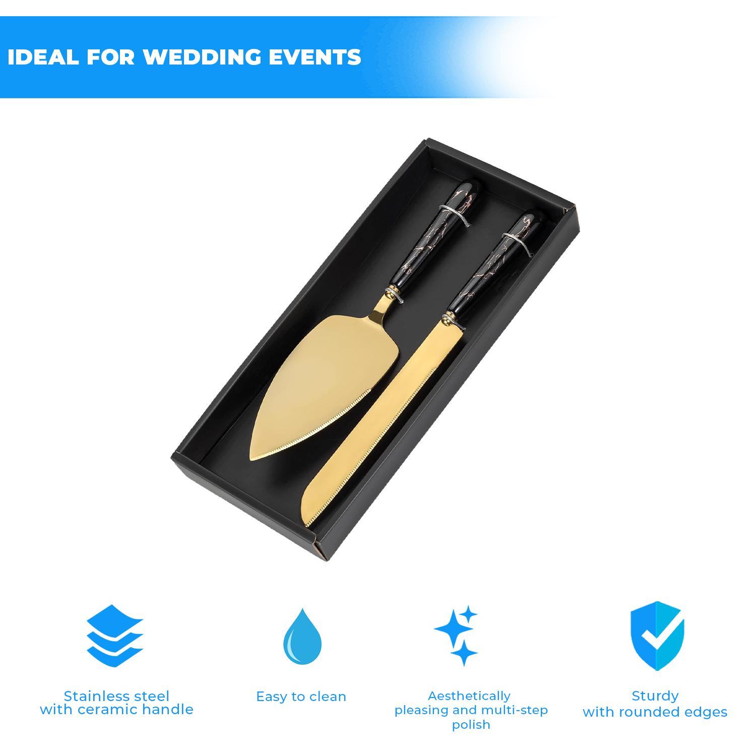 GOLD WEDDING KNIFE SERVER SET BLACK HANDLE