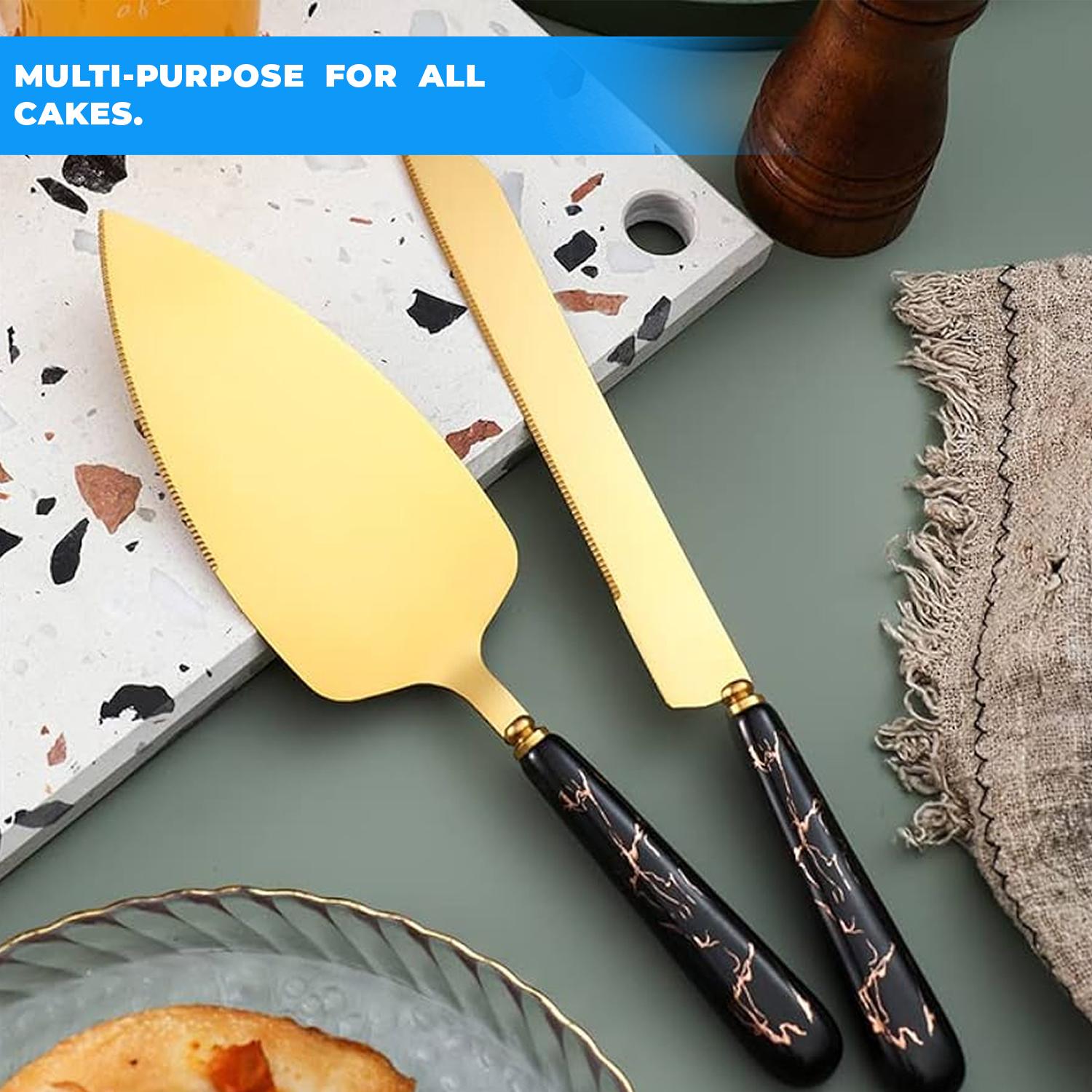 GOLD WEDDING KNIFE SERVER SET BLACK HANDLE