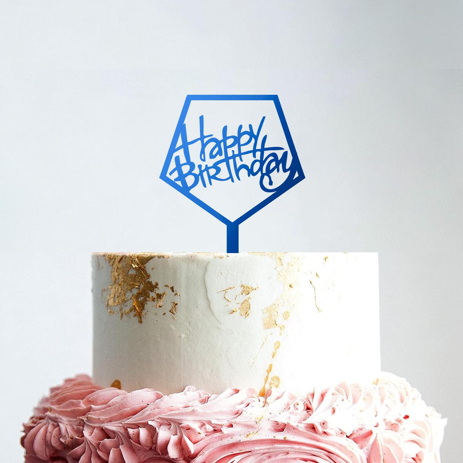 MIRROR BLUE ACRYLIC HAPPY BIRTHDAY TOPPER PENTAGON BIRTHDAY SIGN