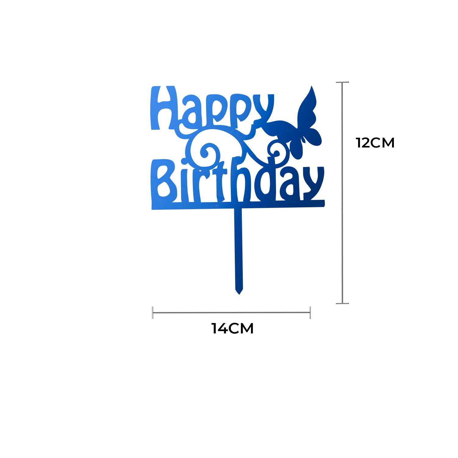 MIRROR BLUE ACRYLIC HAPPY BIRTHDAY TOPPER WITH BUTTERFLY BIRTHDAY SIGN