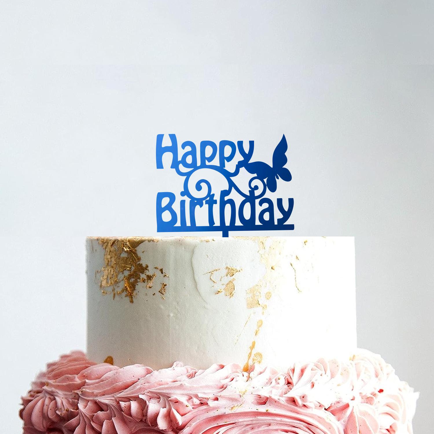 MIRROR BLUE ACRYLIC HAPPY BIRTHDAY TOPPER WITH BUTTERFLY BIRTHDAY SIGN