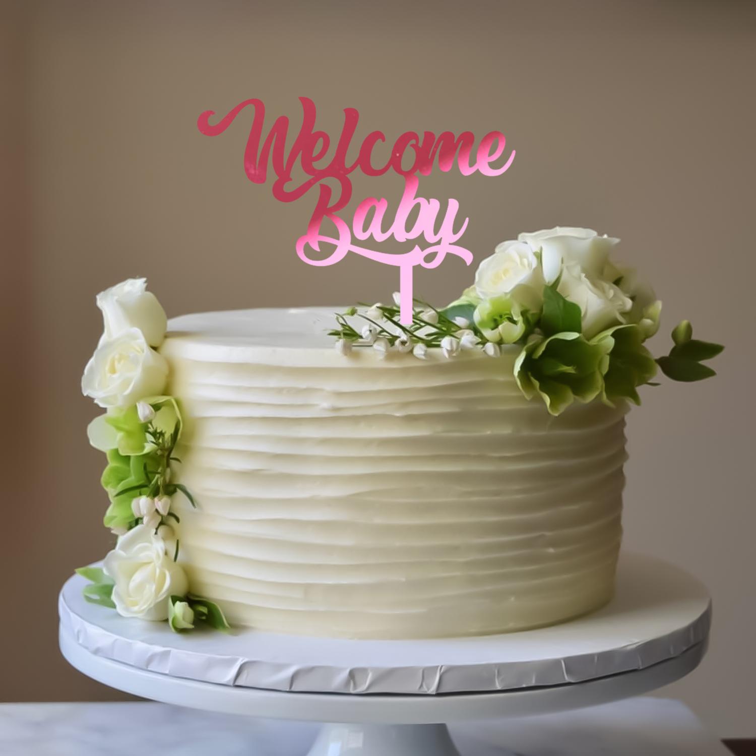 MIRROR PINK ACRYLIC BABY SHOWER TOPPER WELCOME BABY