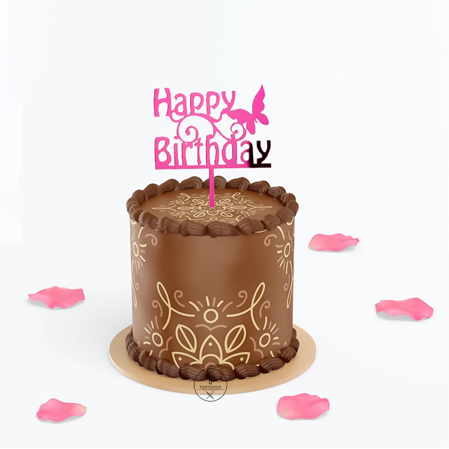 MIRROR PINK ACRYLIC HAPPY BIRTHDAY TOPPER WITH BUTTERFLY BIRTHDAY SIGN