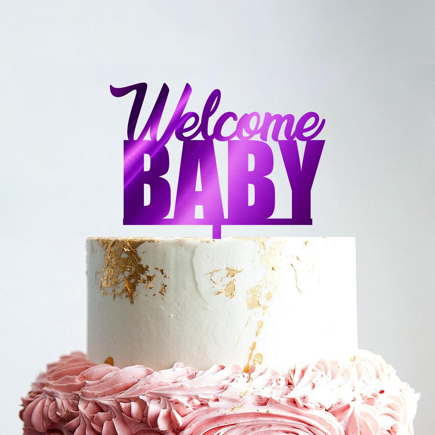 MIRROR PURPLE ACRYLIC BABY SHOWER TOPPER WELCOME BABY