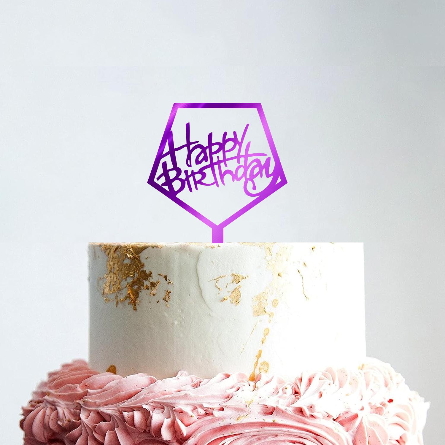 MIRROR PURPLE ACRYLIC HAPPY BIRTHDAY TOPPER PENTAGON BIRTHDAY SIGN