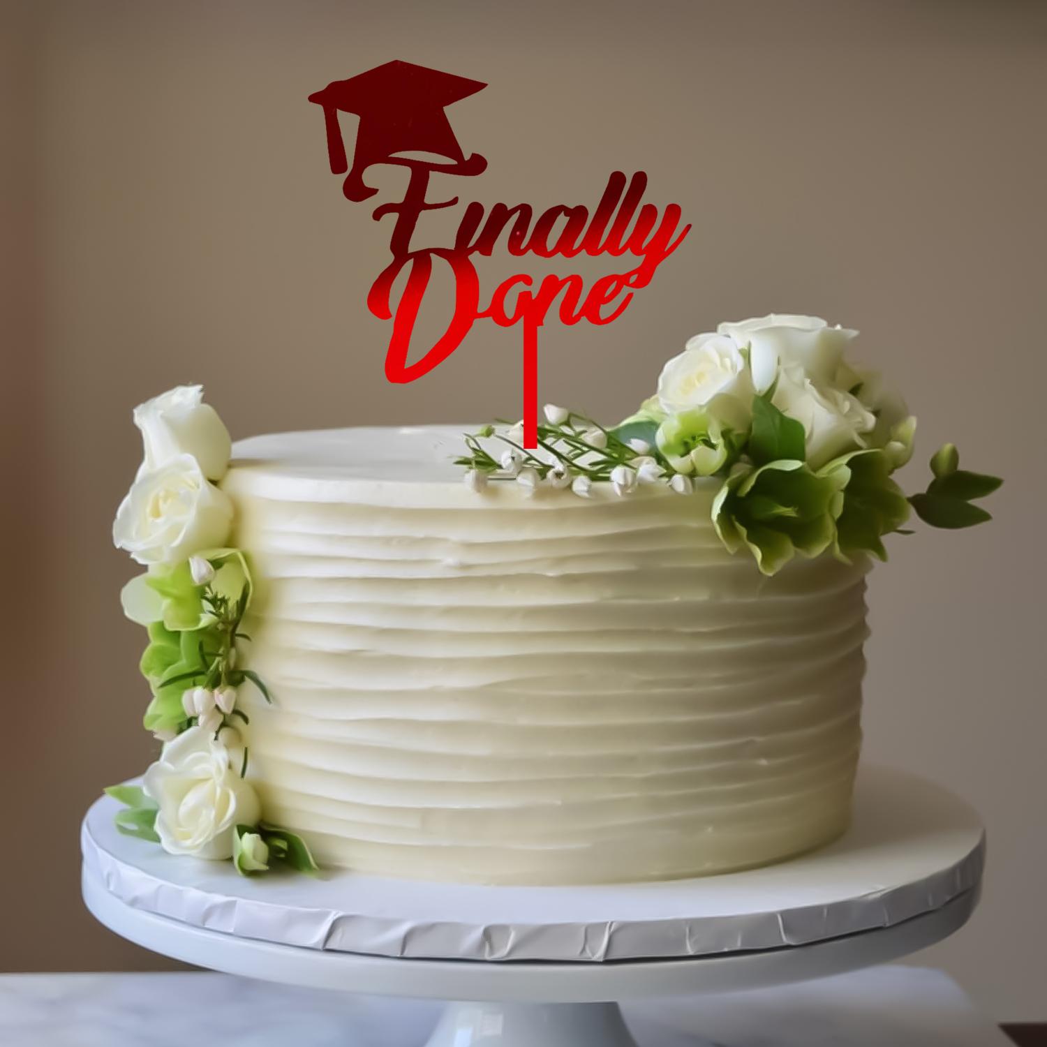MIRROR RED ACRYLIC GRADUATION TOPPER FINALLY DONE