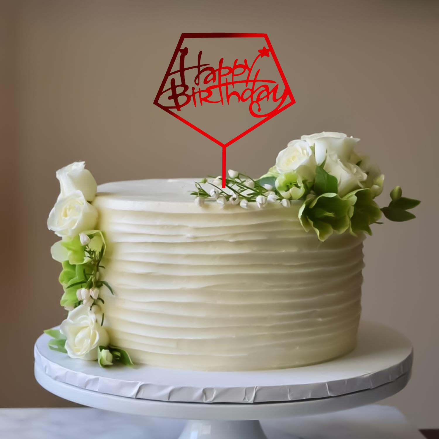 MIRROR RED ACRYLIC HAPPY BIRTHDAY TOPPER PENTAGON