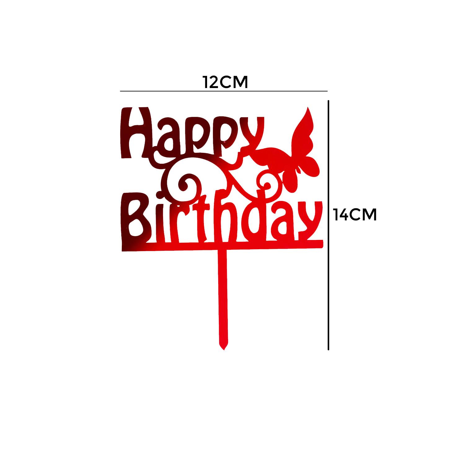 MIRROR RED ACRYLIC HAPPY BIRTHDAY TOPPER WITH BUTTERFLY BIRTHDAY SIGN