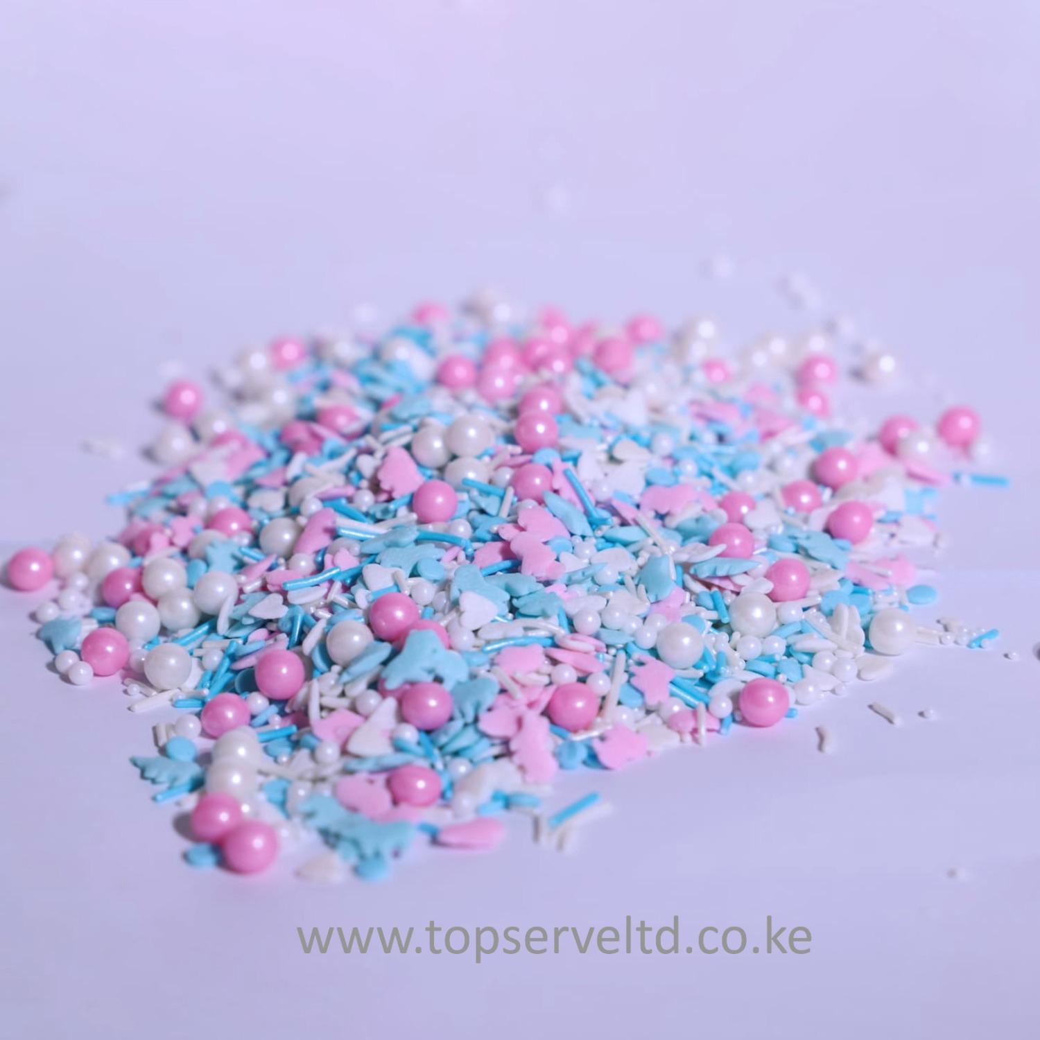 MIX DESIGN WHITE PINK BLUE PEARLS, MULTICOLOURED SPRINKLES 15GMS