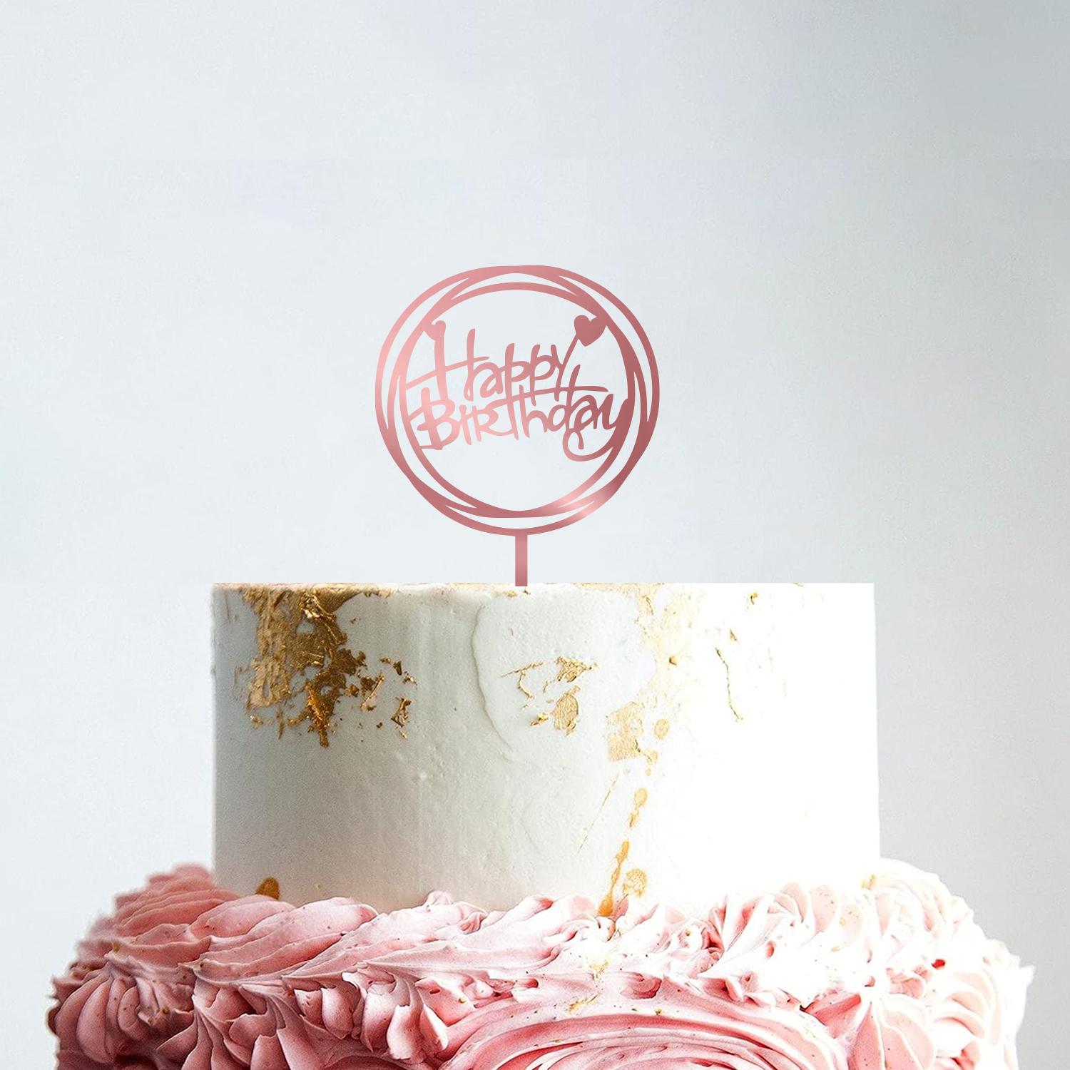 ROSE GOLD ACRYLIC HAPPY BIRTHDAY TOPPER DOUBLE ROUND BIRTHDAY SIGN