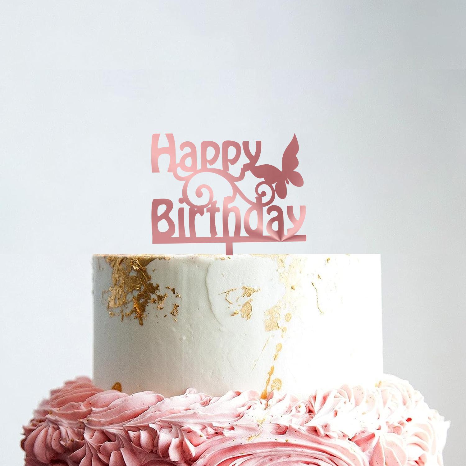 ROSE GOLD ACRYLIC HAPPY BIRTHDAY TOPPER WITH BUTTERFLY BIRTHDAY SIGN