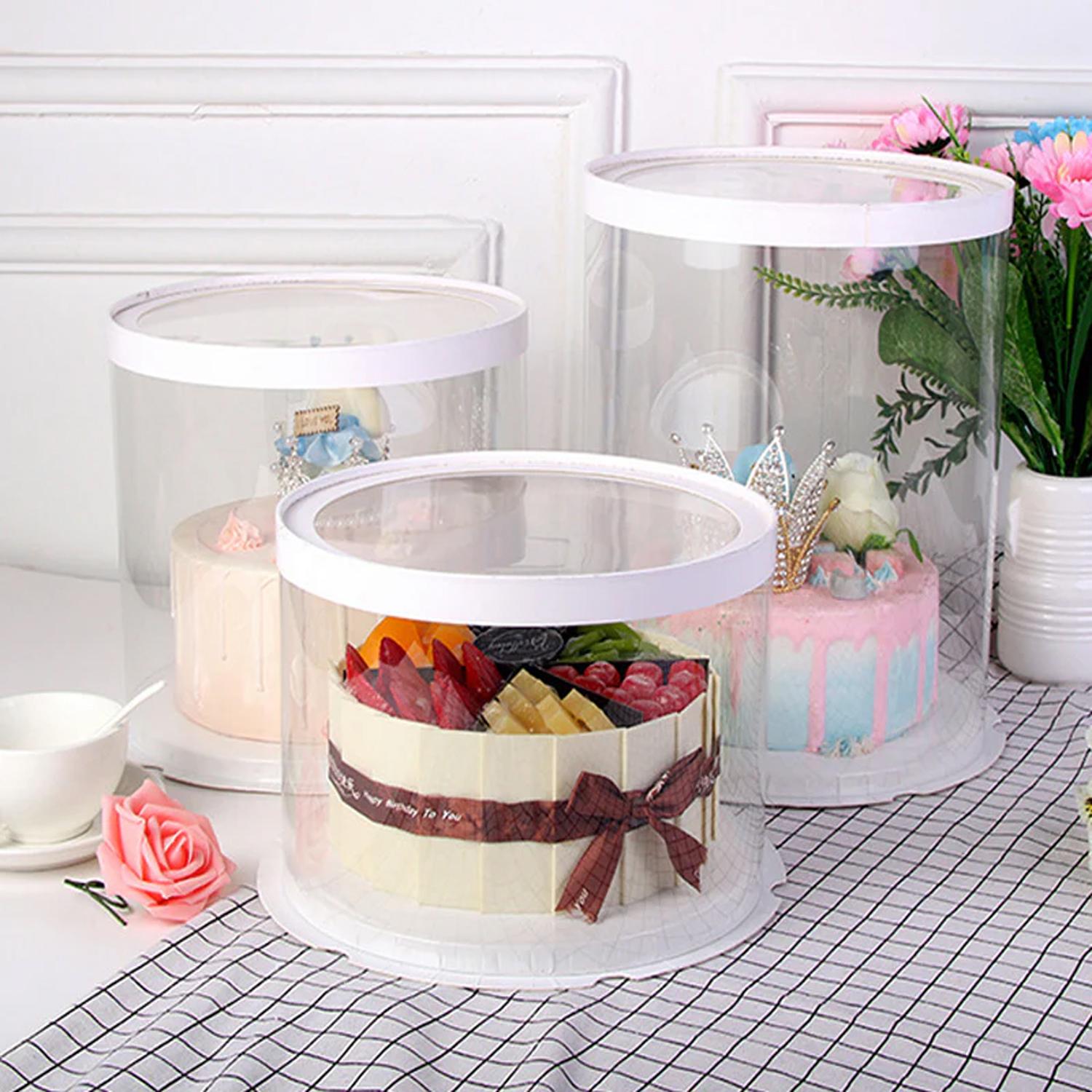 ROUND TRANSPARENT PVC CAKE BOX WITH WHITE LID 26*26*32CM