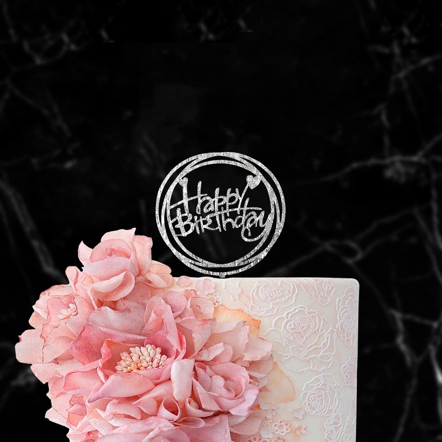 SILVER GLITTER ACRYLIC HAPPY BIRTHDAY TOPPER DOUBLE ROUND BIRTHDAY SIGN