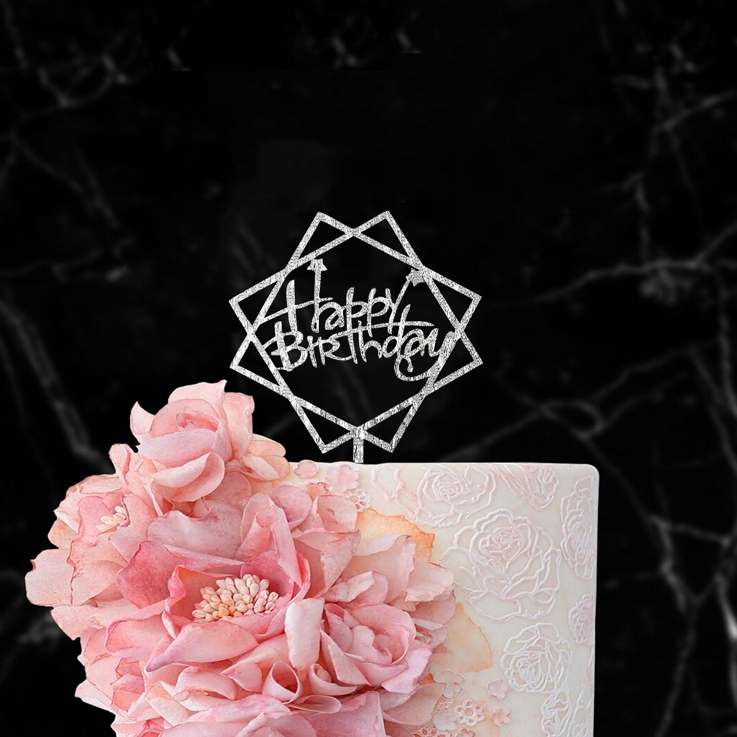 SILVER GLITTER ACRYLIC HAPPY BIRTHDAY TOPPER DOUBLE SQUARE BIRTHDAY SIGN