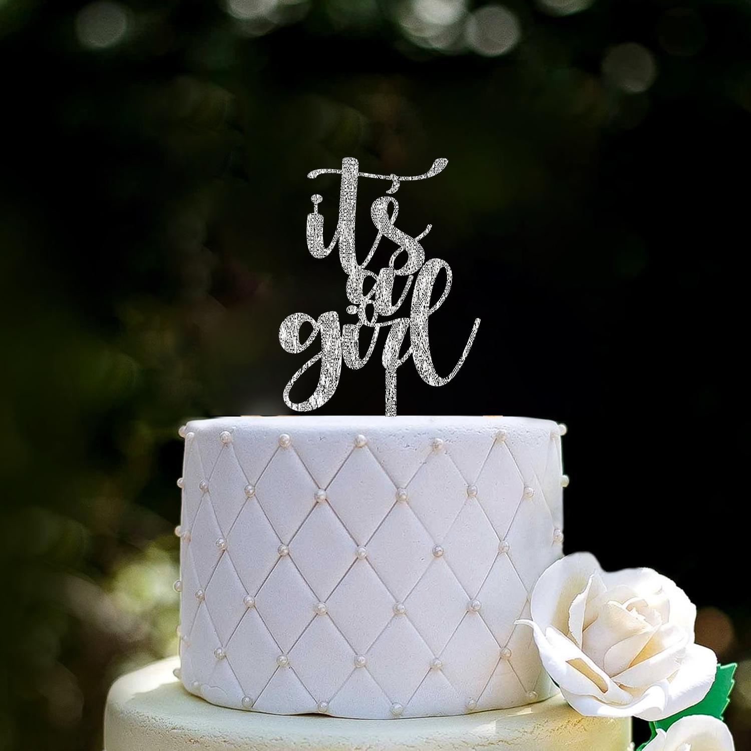 SILVER GLITTER BABY SHOWER TOPPER IT'S A GIRL