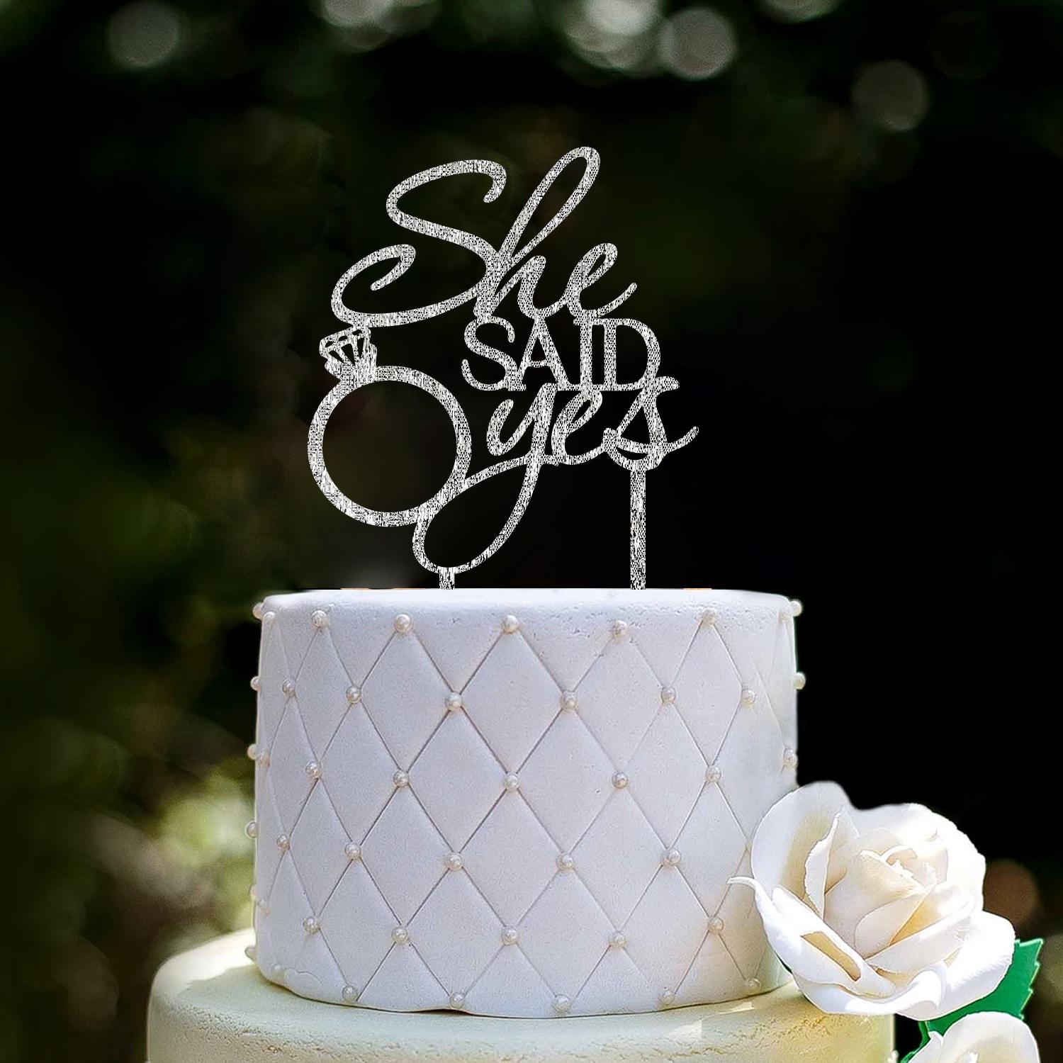 SILVER GLITTER ENGAGEMENT TOPPER SHE SAID YES