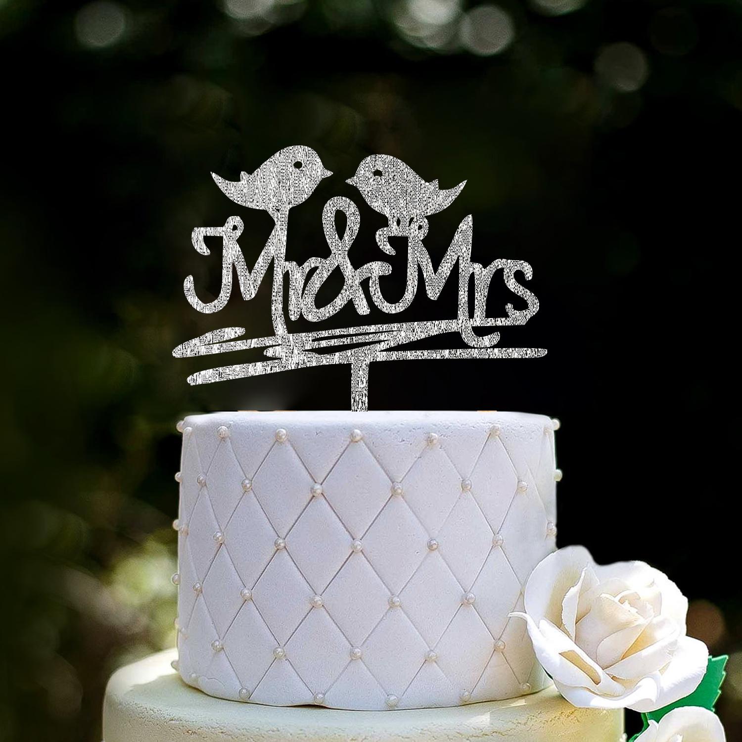 SILVER GLITTER MR & MRS TOPPER WITH BIRD DETAIL